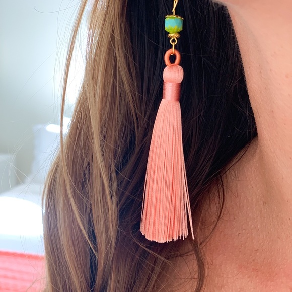 NEW Tassel Earrings - Handmade Peach & Turquoise - Picture 3 of 6